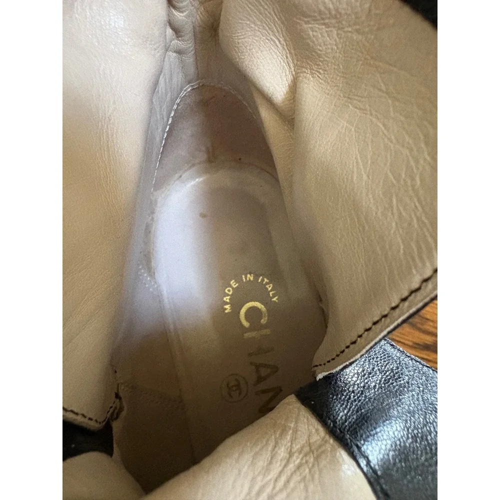 Vintage 90s Chanel Black Leather CC Logo Ankle Boots Buckle Moto 36.5 - Picture 10 of 12